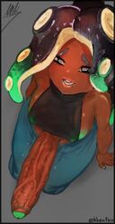 1futa areola_bulge big_breasts clothed clothing dark-skinned_futanari dark_skin futa_only futanari green_glans high-angle_view huge_cock humanoid humanoid_penis khentaiu kneeling looking_at_viewer looking_up marina_(splatoon) mostly_clothed nintendo octoling penis_out sitting solo solo_futa splatoon splatoon_2 uncut