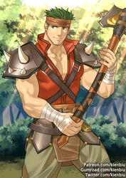 1boy axe bandaged_hands bandages bara boyd_(fire_emblem) chest_harness clothed feet_out_of_frame fire_emblem fire_emblem:_path_of_radiance fire_emblem:_radiant_dawn forest green_hair gumroad_username harness headband holding holding_axe kienbiu male male_cleavage male_focus male_only muscular muscular_male nature nintendo outdoors partially_unbuttoned patreon_username pectorals pelvic_curtain red_shirt reward_available shirt short_hair shoulder_spikes sideburns sleeveless sleeveless_shirt solo solo_male spikes standing sunlight twitter_username