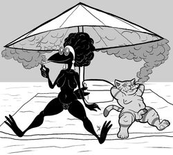 2018 accessory afro anthro anthro_female anthro_male avian beach beach_umbrella big_hair biped bird black_body black_skin breasts chubby_anthro chubby_male cooler corvid corvus_(genus) crow crow_reporter_(fritz_the_cat) digital_drawing_(artwork) digital_media_(artwork) domestic_cat duo ear_piercing ear_ring eyewear fangs feet feline female fritz_the_cat fritz_the_cat_(character) genitals hair hair_tied hands_behind_head headband lying male mammal match monochrome navel nipples nude oscine outside passerine penis piercing pubes sand seaside shortstack simple_background sitting slightly_chubby small_penis smile smoking sunglasses the_nine_lives_of_fritz_the_cat towel wittless-pilgrim