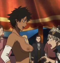 1boy 1girls 2d animated asta_(black_clover) black_clover breasts breasts_out brown_hair dark-skinned_female dark_skin medium_breasts mp4 short_hair silver_hair sol_marron sound video voice_acted