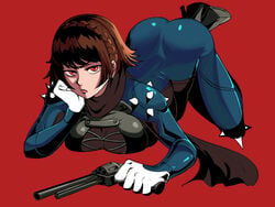 1girls ass_up atlus bored bored_expression brown_hair female female_only firearm gloves gun handgun heels leather makoto_niijima persona persona_5 phantom_thief_suit red_eyes revolver scarf sega skin_tight solo solo_female solo_focus tinafate1 weapon