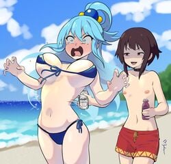 2girls aqua_(konosuba) aqua_face beach bikini blue_hair bouncing_breasts brown_hair funny kono_subarashii_sekai_ni_shukufuku_wo! large_breasts male_swimwear_challenge megumin mens_swimsuit_challenge myahogao ponytail small_breasts tears tiny_breasts topless water wide_eyed yuri