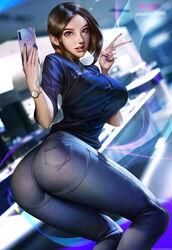 arched_back ass back_view beauty_mark blue_eyes blue_nails brown_hair cellphone clothed_female clothing ear_piercing earrings holding_object indoors looking_at_viewer looking_back nail_polish pinup pose samsung samsung_galaxy samsung_sam selfie short_hair smile solo solo_focus v yichimoo