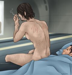 back_scratching back_view calm death_stranding gay handprint_markings higgs_(death_stranding) male/male male_on_male nojiko444 sam_porter_bridges scratches sleepy waking_up yaoi