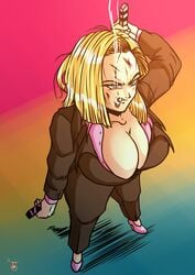 1girls android_18 blonde blonde_hair blue_eyes cleavage curvy dragon_ball erect_nipples female high_heels huge_ass huge_breasts santaima_z short_hair voluptuous wide_hips yellow_hair