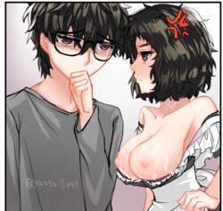 1boy 1girls akira_kurusu angry atlus blush breasts breasts_out brown_hair cum cum_on_breasts frown joker_(persona) maid maid_uniform persona persona_5 pout ren_amamiya sadayo_kawakami yaoto