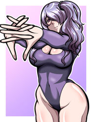 1girls alternate_hairstyle bare_thighs camilla_(fire_emblem) cleavage fire_emblem fire_emblem_fates hair_over_one_eye inabakun00 large_breasts leotard long_hair long_sleeve_leotard looking_at_viewer nail_polish nintendo plump ponytail purple_eyes purple_hair purple_leotard purple_nails side_ponytail smile solo solo_female stretching thick_thighs violet_eyes