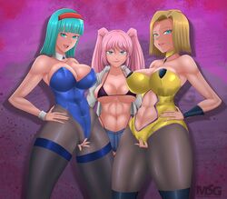 3girls alternate_version_available android_18 artist_request blonde blonde_female blonde_hair blonde_hair_female blue_eyes blue_eyes_female bulma_briefs cameltoe cleavage crossover curvy diadem dragon_ball erect_nipples female hitomi_twins huge_areolae huge_ass huge_breasts multiple_girls original original_character puffy_nipples short_hair short_hair_female thick_lips twintails voluptuous wide_hips yellow_hair yuri