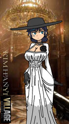 alcina_dimitrescu alternate_version_available bandage_on_face big_breasts big_hat black_rose blue_eyes breasts cleavage closed_mouth clothed clothing cosplay costume curvy_figure dark_blue_hair dress earrings eyebrows eyelashes female gloves hair_streak hat huge_breasts kim_han_yi_(writers_crusaders) looking_to_the_side necklace resident_evil resident_evil_8:_village short_hair solo solo_female tall_female taller_girl wcjuan white_dress writers_crusaders