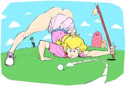 angry ass ass_up athletic athletic_female bare_legs bending_forward bending_over bent_over blonde_hair bottomless bottomless_skirt crown earrings female female_focus going_commando golf golf_club hourglass_figure jack-o_pose long_hair luigi mario_(series) mario_golf mrplow34 nintendo no_panties no_underwear princess_peach skirt sneakers wide_hips