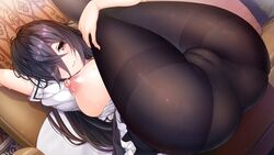 areolae arm_up asami_asami ass bangs black_hair blush bra bra_pull breasts breasts_out cameltoe cleft_of_venus closed_mouth clothes_pull crossed_bangs female female_focus from_below game_cg groin hair_over_one_eye indoors large_breasts legs legs_up lifted_by_self long_hair looking_at_viewer lying nipples okayu_seira on_back open_clothes orange_eyes original panties panties_under_pantyhose pantyhose role_player:_okayu_shimai_no_nenmaku_potrait_-_gurigucha_live! smile solo thighs underwear