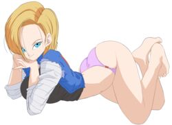 android_18 ass_up blonde_hair blue_eyes bottomless caisama dragon_ball dragon_ball_z female female_only looking_at_viewer panties pink_panties shounen_jump solo