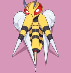 2021 beedrill blush bodily_fluids cloaca female feral hi_res highres looking_at_viewer mega_beedrill nintendo pink_background pokemon pokemon_focus pokemon_rgby pokemon_xy presenting red_eyes simple_background solo solo_female stinger sweat video_games wasp zeamaeri