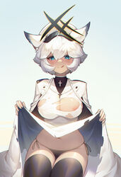 1girls alchemy_stars animal_ears big_breasts blue_eyes blush breasts dounai exposed_breasts female female_focus female_only hat licking_lips lifting_skirt looking_at_viewer nipples partially_clothed philyshy(alchemy_stars) short_hair simple_background thick_thighs white_hair