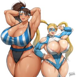 2girls areola_slip areolae armpits arms_up batako big_breasts black_widow_(muscle_bomber) blonde_hair blue_eyes breasts brown_hair busty capcom cleavage curvaceous curvy curvy_body curvy_female curvy_figure enormous_breasts fit_female gigantic_breasts hands_behind_head hourglass_figure huge_breasts hyper_breasts large_breasts leotard long_hair massive_breasts muscle_bomber muscular muscular_female oppai peace_sign ponytail rainbow_mika saturday_night_slam_masters side_ponytail street_fighter thick_thighs twintails white_background wide_hips wink