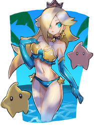 2020 bikini binelu01 blonde_hair blue_eyes border choker crown dakusuta earrings elbow_gloves female gloves hair_over_one_eye highres jewelry long_hair luma mario_(series) midriff navel nintendo palm_tree parted_lips partially_submerged princess_rosalina smile star_(symbol) star_print super_mario_galaxy swimsuit tree water white_border