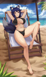 absurdres animal_ears bangs beach bikini bikini_bottom bikini_top blue_hair breasts cawfield cleavage female halterneck highleg highleg_bikini highres large_breasts leg_up long_hair midriff multicolored multicolored_hair multicolored_tail navel ocean original red_eyes royal_(unit645) sitting smile swimsuit tagme tail teeth thong_bikini wolf_ears wolf_tail