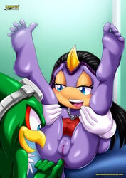 1boy 2d bbmbbf blue_eyes blush eyes_half_open female finger_in_ass holding_legs jet_the_hawk legs_up looking_at_genitalia mobius_unleashed pussy salma_the_chameleon scalie scalie_female smile sonic_(series) sonic_the_hedgehog_(series)