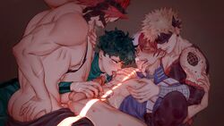 4boys anal anal_sex ass blonde_hair burn_scar clothing eijirou_kirishima fingers_in_mouth gay genitals green_hair hand_on_penis handjob hero_outfit_(mha) hidden_arukemy izuku_midoriya katsuki_bakugou male/male/male/male male_only male_penetrated male_penetrating male_penetrating_male mask masked masked_male multiple_boys multiple_males multiple_penises my_hero_academia nipple_licking nipple_play nipples penetration penis_grab red_hair scar scar_across_eye sex shouto_todoroki spiky_hair tattoo two_tone_hair yaoi