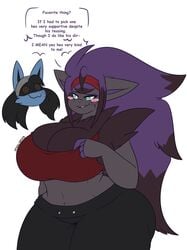 ass blush bra breasts dart(dewwydartz) dewwydarts dewwydartz female furry huge_breasts lucario nea(dewwydartz) original_character pokemon pokemon_(species) purple_hair teal_eyes thick_thighs wide_hips zoroark