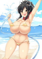 akikaze_tsumuji alternate_costume asuka_(senran_kagura) beach bikini blush brown_eyes brown_hair clouds covered_nipples female_only hair_ribbon hose huge_breasts island scarf senran_kagura side-tie_bikini tsumugie visible_nipples