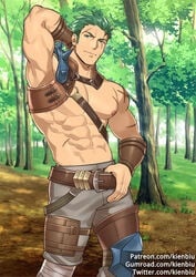 1boy abs armpits asymmetrical_clothes bara bare_pectorals belt_grab clothed cross_scar dieck_(fire_emblem) facial_hair feet_out_of_frame fire_emblem fire_emblem:_the_binding_blade forest green_eyes green_hair gumroad_username kienbiu large_pectorals leather_belt male male_cleavage male_focus male_only mature_male muscular muscular_male nature navel nintendo nipples outdoors patreon_username pectorals revealing_clothes reward_available scar scar_across_eye scar_on_arm scar_on_cheek scar_on_face scar_on_stomach short_hair sideburns sidepec smile solo solo_male standing stomach stubble thick_thighs thighs twitter_username