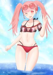 1girls ;d absurdres alternate_costume bangs bare_shoulders bikini cleavage collarbone enderg fire_emblem fire_emblem:_three_houses fire_emblem_heroes highres hilda_valentine_goneril hilda_valentine_goneril_(summer) long_hair looking_at_viewer medium_breasts nintendo ocean one_eye_closed open_mouth open_smile partially_submerged pink_bikini pink_eyes pink_hair pink_swimsuit smile solo solo_female sunglasses sunglasses_on_head swimsuit twintails v wink