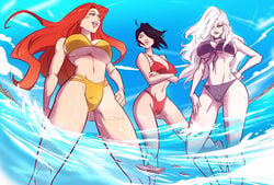 3girls angelgts bare_midriff big_breasts bikini black_cat_(marvel) black_hair breasts commission felicia_hardy female female_only giantess marvel marvel_comics mary_jane_watson panties red_hair sea spider-man_(series) story_in_description thighs white_hair yuriko_watanabe