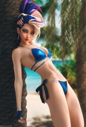 1girls 3d abs akali beach bikini blue_eyes bow bubble_butt colored_hair earrings female fingerless_gloves gloves k/da_akali k/da_series league_of_legends league_of_legends:_wild_rift light-skinned_female light_skin long_hair makeup outdoors outside painted_nails pinup posing small_breasts solo straight_hair swimsuit therealzoh thighs toned white_skin