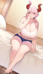 1girls abbb bed big_breasts blush breasts clevage clothed demon french_braid hand_on_face highleg_panties horns looking_at_viewer mole mole_on_breast nipples_visible_through_clothing on_bed original pink_hair red_eyes short_shorts sitting smile solo thick_thighs wedding_ring