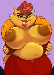 ally_cassandra anthro areola belly big_belly big_breasts breasts brown_nipples bubsy_(series) domestic_cat felid feline felis female flashing hi_res joelasko looking_at_viewer mammal navel nipples open_mouth overweight overweight_anthro overweight_female pink_tongue solo teeth tongue video_games