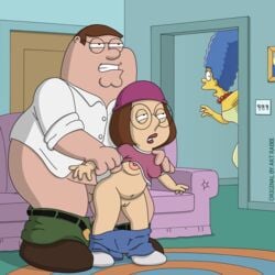 1boy 1girls brown_hair clothed clothed_sex couch crossover daughter doggy_style family_guy fat father father_and_daughter female from_behind from_behind_position glasses harem heterosexual incest indoors innie_pussy living_room marge_simpson meg_griffin peter_griffin pregnant rabbi_(artist) sofa standing standing_sex straight teen teenager the_simpsons