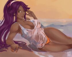 1girls 2021 beach bleach dark-skinned_female dark_skin female female_only gold_eyes large_breasts long_hair looking_at_viewer mazzlesdraws ponytail purple_hair seaside see-through_clothing shihouin_yoruichi solo thong voluptuous wet_shirt yellow_eyes