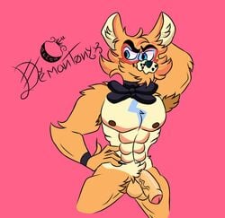 1boy 2021 abs animatronic anthro balls black_nose blue_eyes bodypaint bow_tie bowtie colored_nails demantonyx facepaint five_nights_at_freddy's five_nights_at_freddy's:_security_breach fluffy fluffy_hair fur glamrock_freddy_(fnaf) hands_behind_head looking_away machine male male_only multicolored_body nipples orange_body orange_fur penis pink_background robot simple_background smile smiling solo solo_male video_games