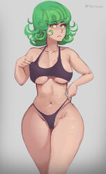 1girls female female_focus female_only green_hair light-skinned_female light_skin looking_at_viewer one-punch_man pale-skinned_female pale_skin phat_smash short_green_hair simple_background smaller_female solo solo_female solo_focus tatsumaki thick_thighs wide_hips