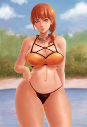 1girls alternate_body_type alternate_breast_size alternate_costume auburn_hair bangs bare_arms bare_midriff bare_shoulders bare_thighs belly big_breasts bikini black_bikini black_bikini_bottom blue_sky breasts child_bearing_hips cleavage cloud curvaceous curvy curvy_body curvy_female curvy_figure female female_only fire_emblem fire_emblem:_three_houses fire_emblem_heroes huge_breasts human human_only jewelry lake large_breasts leonie_pinelli leonie_pinelli_(summer) looking_at_viewer mature mature_female medium_hair milf navel necklace neileeng neileenre nintendo orange_bikini orange_bikini_top orange_eyes orange_hair orange_swimsuit outdoors plant ponytail seductive seductive_look seductive_smile side_ponytail sideboob sky smile smiling smiling_at_viewer soft soft_breasts solo solo_female stomach swimsuit thick thick_thighs thighs voluptuous water wet wholesome wide_hips