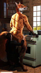 3d_(artwork) 9:16 ambiguous_gender anal anthro ass canid canine cooking digital_media_(artwork) duo fox hi_res human male male/male mammal nude oral rimming sex size_difference smothering vulpineadonis worship