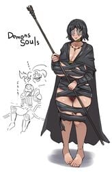 barefoot big_breasts black_hair cape censored choker covered_eyes demon's_souls feet female female_focus fromsoftware hairy_pussy huge_breasts kandenki maiden_in_black necklace partially_clothed pubes pubic_hair pussy_hair slayer_of_demons solo_focus