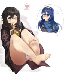 2girls :p ;) ;p ass barefoot black_eyes black_hair blue_eyes blue_hair blush ethan_ppj_(artist) feet female_only fire_emblem fire_emblem_awakening foot_fetish lucina_(fire_emblem) morgan_(fire_emblem) morgan_(fire_emblem)_(female) nintendo one_eye_closed panties pantyshot partially_visible_vulva toes tongue tongue_out white_panties wink yuri