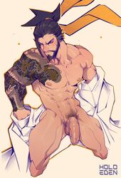 1boy abs athletic_male balls bara beard big_biceps big_muscles big_penis black_hair blizzard_entertainment blush facial_hair flaccid flaccid_penis hanzo holo_eden huge_cock human human_only kneeling looking_to_the_side male male_focus male_only muscles muscular muscular_male nipples overwatch pecs pectorals pubes semi-erect shirt shirt_removed solo solo_focus solo_male taking_clothes_off tattoo tattooed_arm thick_thighs tied_hair uncut undressing veiny_penis white