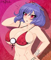 1girls abs bikini blue_hair blush breasts cleavage collarbone female female_only hand_behind_head hand_on_hip kanako_yasaka large_breasts looking_at_viewer megamoo mole mole_on_breast mole_under_eye muscular_female navel pink_hair solo surprised swimsuit touhou twitter_username