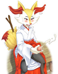 anthro asian_clothing ayase4205913 blush bodily_fluids bottomwear braixen clothed clothing cum cumshot east_asian_clothing ejaculation genital_fluids genitals gynomorph hakama hi_res humanoid_genitalia humanoid_penis intersex japanese_clothing masturbation miko_outfit nintendo penile penile_masturbation penis pokémon_(species) pokemon pokemon_(species) shrine_maiden solo video_games