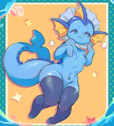 1girls anthro blue_eyes blue_skin breasts cephalopod_shell clothing detailed_background eeveelution female female_only fin footwear genitals hi_res legwear mollusk_shell mostly_nude navel nintendo nipples pokémon_(species) pokemon pussy shell smile socks solo starmilk sweat tail thighhighs vaporeon video_games