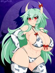 1girls abs bikini bikini_bottom bikini_top bow choker cleavage cow_print cow_print_armwear cow_print_bikini cow_print_thighhighs elbow_gloves ex-keine female_only gloves green_hair heart-shaped_pupils horn_ornament horn_ribbon horns huge_breasts keine_kamishirasawa long_hair looking_at_viewer megamoo mole mole_on_breast muscular muscular_female navel red_bow red_eyes shiny_skin skindentation smile sole_female solo standing swimsuit symbol-shaped_pupils thick_thighs thighhighs thighs touhou very_long_hair