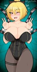 1girls abs black_leotard blonde_hair blush breasts bunnysuit cleavage collarbone cuffs double_v eyebrows_visible_through_hair female female_only hairbow happy hazel_eyes heart heart-shaped_pupils large_breasts leotard looking_at_viewer megamoo oerba_yun_fang one_eye_closed open_mouth open_smile pantyhose pinup ponytail skin_tight smile solo spider_girl spider_legs standing symbol-shaped_pupils thick_thighs thighs toned toned_female touhou v wink wrist_cuffs yamame_kurodani