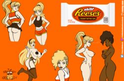 arms_under_breasts blonde_hair breasts cheerleader cheerleader_uniform dark_skin female garter_belt garter_straps gijinka gym_shorts hand_on_hip hand_on_own_hip looking_at_each_other multiple_views pasties pleated_skirt ponytail reese's reese's_peanut_butter_cups reeses rivals side_view sideboob smirk snooshkaboosh stockings versus white_skin yellow_eyes