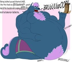 1boy 2021 anthro april belch belly bloat boxer_briefs burp burping chocolate_milk husky jericho_(character) male male_only muscle musclegut pec-bounce pec_bounce purple_underwear solo underwear