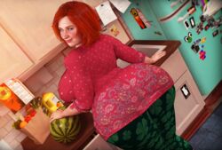 1girls 3d big_ass big_breasts blush emerald_eyes female female_only freckles huge_ass kitchen milf orange_hair original original_character rasmus-the-owl realistic redhead shannon_o'connell solo thick_thighs tight_clothes tight_clothing watermelon wide_hips