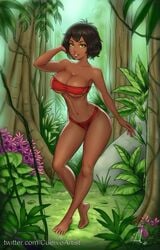 1girls aesdev barefoot breasts brown_hair cleavage dark-skinned_female dark_skin disney female female_only full_body genderswap_(mtf) green_eyes hand_in_hair jungle large_breasts loincloth looking_at_viewer melanin mowgli navel rule_63 skimpy smile solo the_jungle_book tubetop underboob