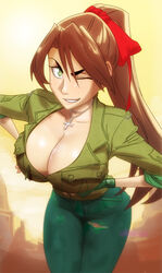 1girls big_breasts breasts brown_hair cleavage clothed desert female female_only gairon holding_breasts light-skinned_female light_skin long_hair solo winking winking_at_viewer wolfgangina_getto zombie_powder zombiepowder